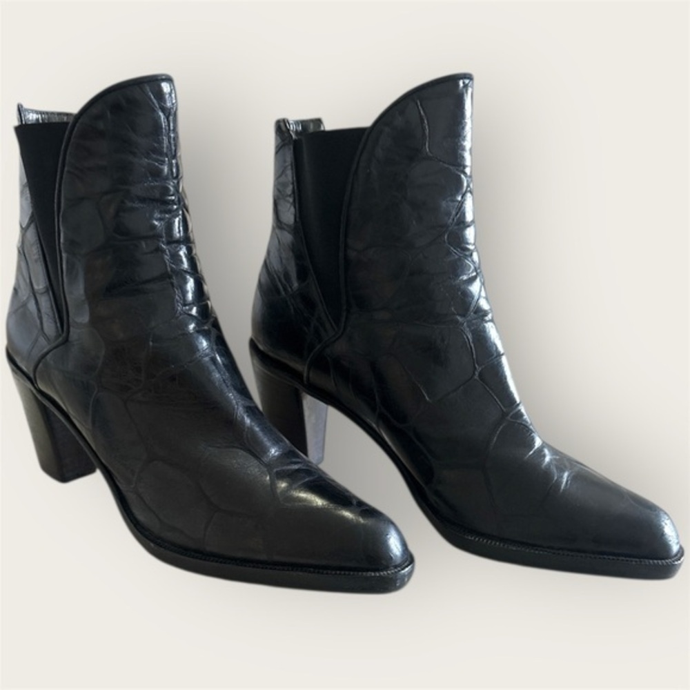 Via Spiga | Black Croc Embossed Leather Ankle Boots Block Heel Western Style, 7